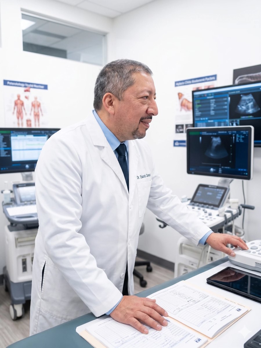 El Dr. Eduardo Canseco realizando un ecocardiograma en su consultorio de Tijuana