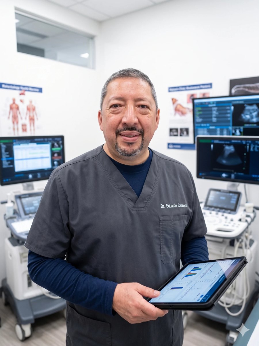 El Dr. Eduardo Canseco revisando los resultados de un estudio cardiológico