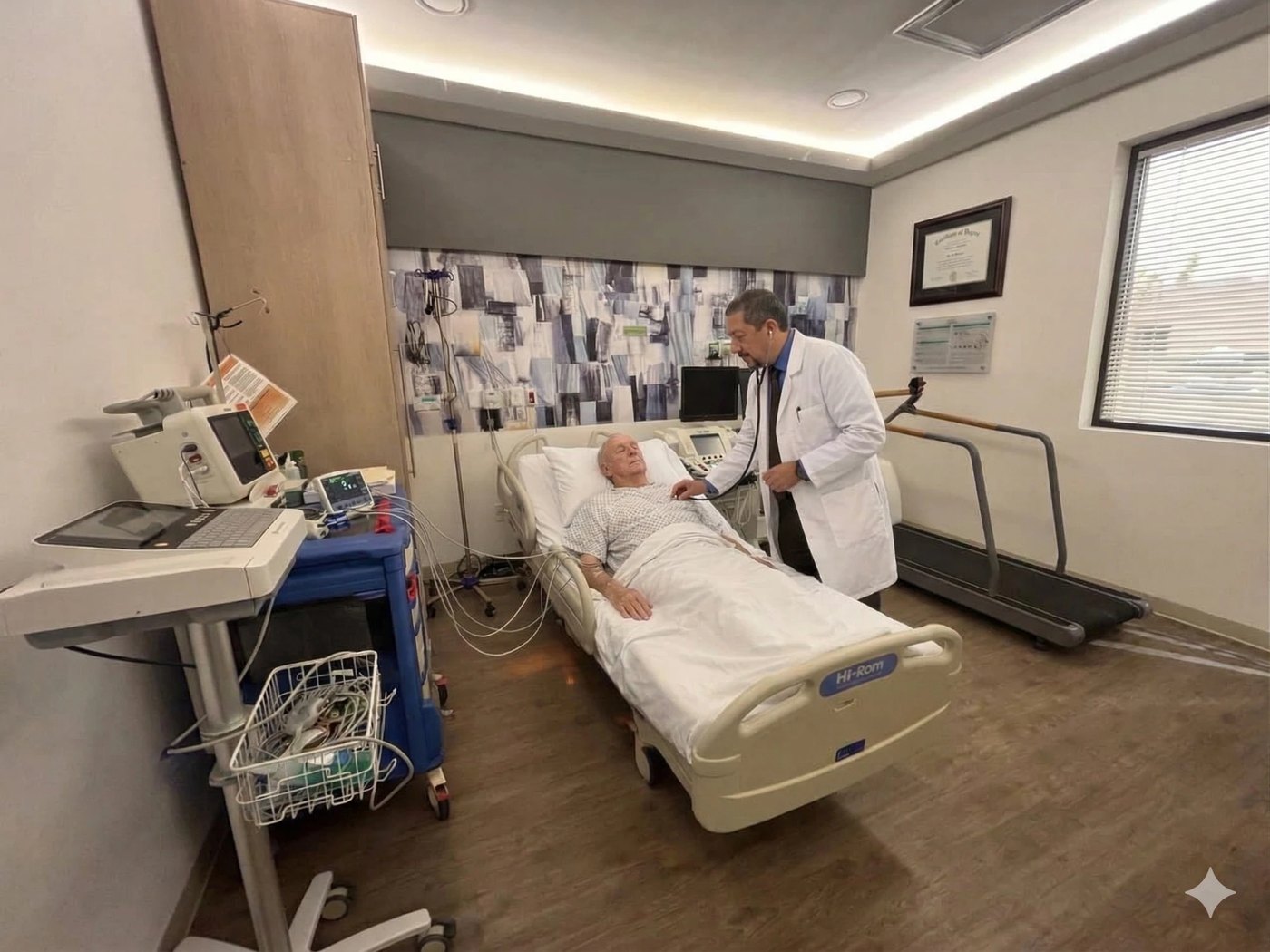 Exploración cardiológica en la camilla del consultorio, junto a la caminadora de esfuerzo